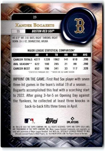 Vista 2 de Baseball Trading Card MLB 2022 Topps Gold Label Class 1#23 Xander Bogaerts NM Near Mint Red Sox