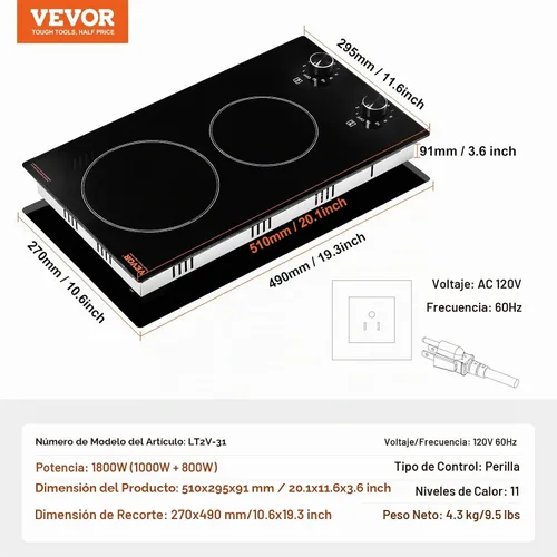 Vista 7 de [Usado] VEVOR - Estufa eléctrica de 12 pulgadas, 2 quemadores, estufa eléctrica integrada de 110 V, con panel de vidrio, control de perilla, 11