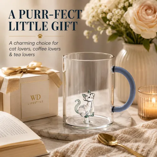 Vista 7 de WD Lifestyle Taza de vidrio de borosilicato de 14.2 onzas líquidas (gato)