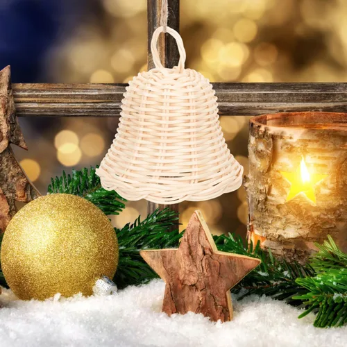 Vista 4 de 5 unids tejido ratán campana forma ornamento hecho a mano paja campana colgante colgante para decoración de fiesta de Navidad foto Prop