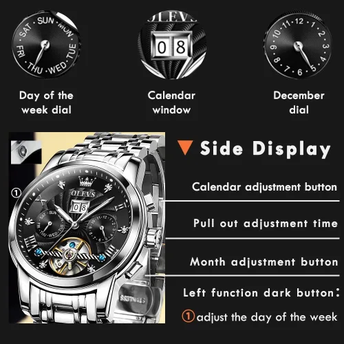 Vista 4 de OLEVS Reloj mecánico automático de acero inoxidable con diseño de esqueleto Tourbillon de cuerda automática vestido de negocios de lujo con fecha
