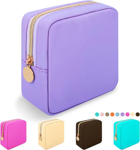 Vista 46 de Iqimott Bolsa Grande de Maquillaje de Nylon, Neceser de Viaje, Bolsa Grande de Cosméticos Preppy, Organizador de Maquillaje de Nylon, Bolsa de Beige