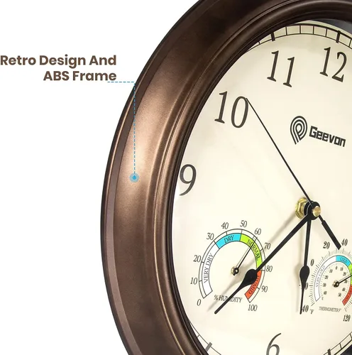 Vista 4 de Geevon Reloj de pared grande sin tictac de 12 pulgadas con termómetro e higrómetro funciona con pilas (210001) + medidor de humedad termómetro