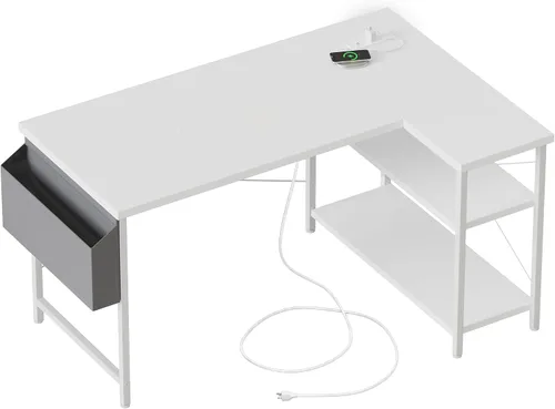 Vista 22 de Mericonia Escritorio pequeño en forma de L para computadora con tomas de corriente, escritorio de juegos para espacios pequeños, escritorio