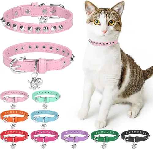 Vista 19 de Collares de cuero DILLYBUD para gatos macho y hembra con campana y cinturón elástico de seguridad, collar ajustable con hebilla de seguridad