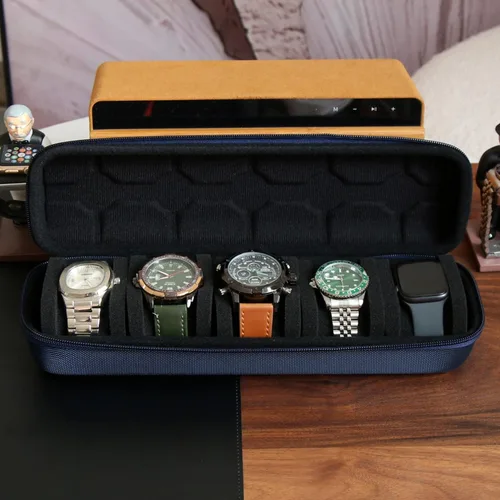 Vista 2 de Besforu Caja organizadora de relojes duros para hombres o mujeres, funda de viaje para 5 relojes, soporte portátil para relojes de pulsera y relojes