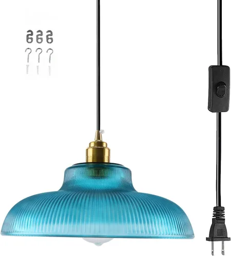 Vista 8 de Lámpara colgante enchufable de cristal azul, lámpara colgante dorada de altura ajustable con interruptor de encendido/apagado de cable de 14.7 pies