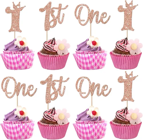 Vista 13 de Paquete de 24 adornos para cupcakes de un cumpleaños, con purpurina para el primer cumpleaños, coronas, decoraciones de pastel feliz para el primer
