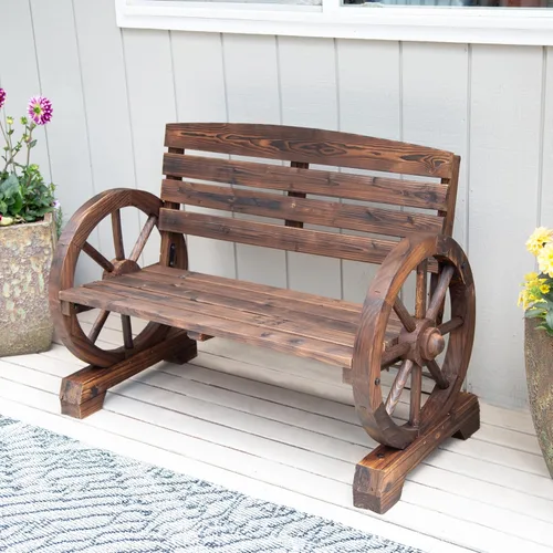 Vista 5 de Zingz & Thingz Rustic American Old West Outdoor Home & Garden - Banco de ruedas de madera para exteriores, 42.25 x 21 x 31 pulgadas, marrón