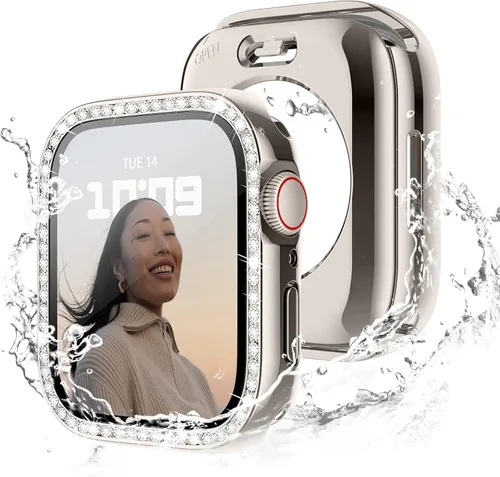 Vista 11 de Recoppa funda para Apple Watch con protector de pantalla con cristales brillantes y diamantes de imitación, ultrafina, funda con protección Negro