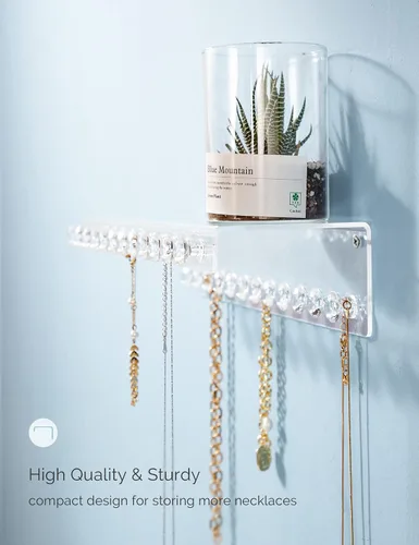Vista 5 de Mymazn Paquete de 2 soportes acrílicos para collares con estante y 24 ganchos en forma de diamante, organizador de joyas montado en la pared