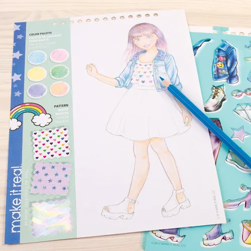 Vista 4 de Cuaderno de bocetos de diseño de moda para niñas – Kit de sueños digital con 110 calcomanías, plantillas, guía de diseño – Moda inspirada en emojis
