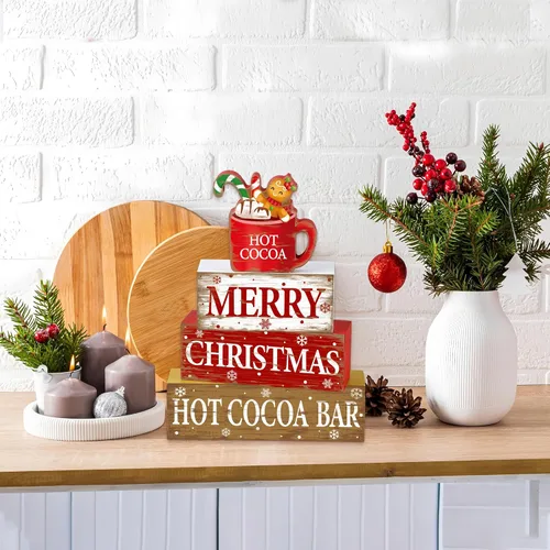 Vista 6 de 4 piezas de decoración de mesa de madera de Navidad rústica de cacao caliente, letrero de bloque de madera de cacao caliente, centro de mesa