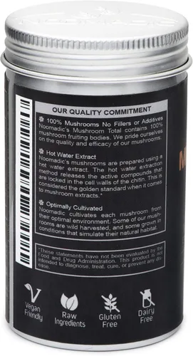 Vista 3 de Noomadic Total de hongos, 60 cápsulas, 500 mg, 30% beta-glucanos, complejo adaptogénico de hongos de melena de león, cola de pavo, chaga, reishi