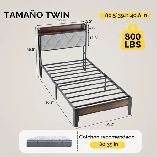 Vista 2 de Sweetcrispy Base de cama individual con cabecera tapizada, cabecera de almacenamiento con estación de carga USB, soporte de listones de metal