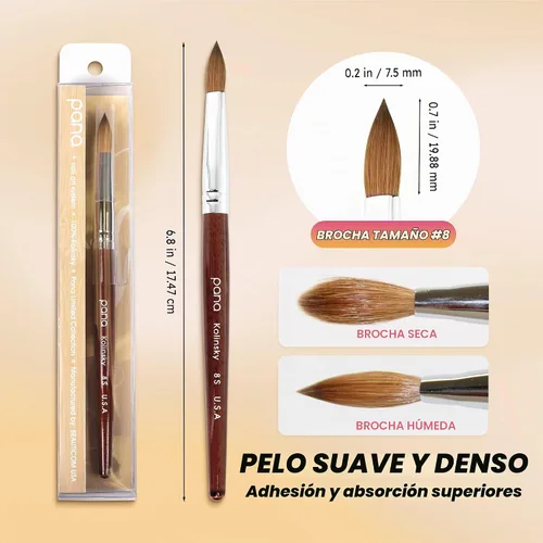 Vista 4 de PANA Pure Kolinsky - Cepillo de uñas acrílicas para el cabello, forma ovalada prensada con mango de madera de caoba (talla 8)
