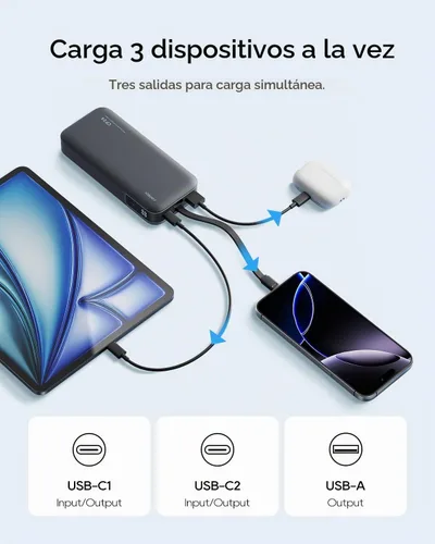 Vista 5 de CUKTECH Banco de energía de 20,000 mAh con cable USB-C integrado, cargador portátil de carga rápida PD de 40 W, batería de 3 puertos para iPhone