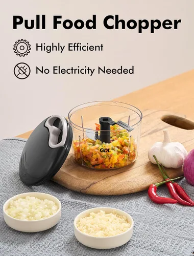 Vista 6 de GDL Picador de Alimentos, Picador de Cebolla con Tirador, Picador de Alimentos Manual, Picador de Mano Rápido para Cebolla, Ajo, Nueces, 3.4 Tazas