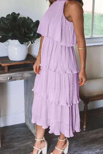 Vista 5 de ZESICA Vestido largo midi de gasa con capas escalonadas y cuello halter para mujer, 2023