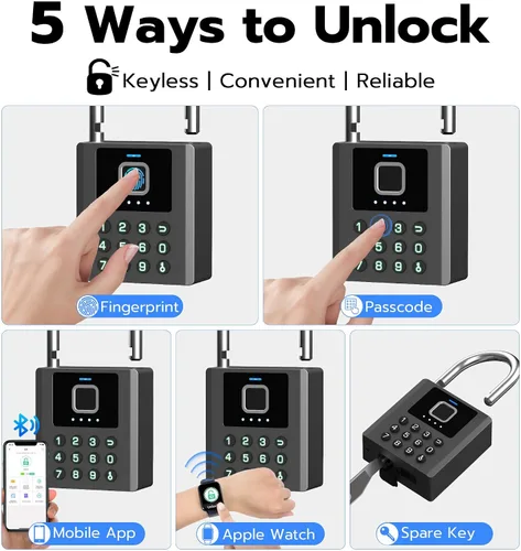 Vista 3 de Anweller Candado de huellas dactilares resistente con llave, bloqueo de almohadilla con teclado de código, resistente a la intemperie, inteligente