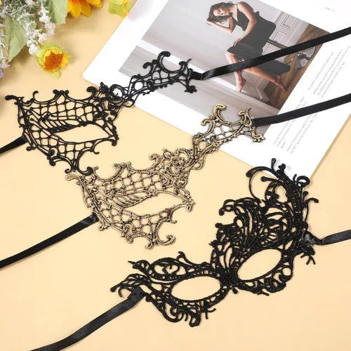 Vista 8 de 6 Pcs Lace Masquerade Mask for Women Men, Black Gold Half Face Mask