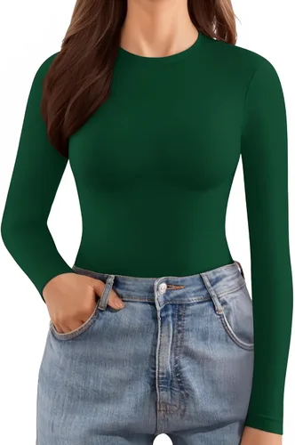 Vista 2 de MANGOPOP Bodysuits for Women Crew Neck Long Sleeve Bodysuit Tops Going Out T Shirts Tops