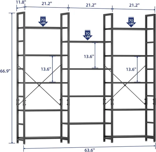 Vista 3 de NUMENN Estantería Triple Ancha de 5 Niveles, Librerías y Estanterías de Estilo Industrial Rústico con 14 Estantes de Exhibición Abiertos, Muebles
