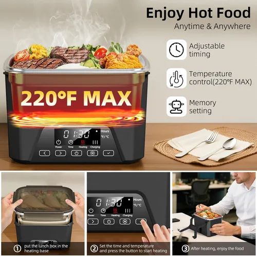 Vista 3 de Fiambrera eléctrica inalámbrica para adultos, lonchera calentada con batería de 20000 mAh con calentamiento automático, calentador de alimentos