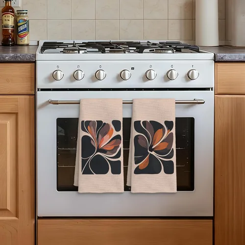 Vista 4 de Juego de 2 toallas de cocina abstractas y bohemias, modernas de mediados de siglo, color marrón y negro, para decoración de baño, cocina, toallas