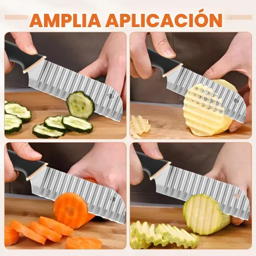 Vista 6 de Cuchillo de corte arrugado, mango de goma, cortador de papas fritas de acero inoxidable con soporte para cebolla, cuchillo para cortar ensalada