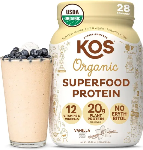 Vista 17 de KOS Proteína en polvo a base de plantas, muffin de arándano - Superalimento de proteína de guisantes orgánico con mezcla de espirulina y apoyo