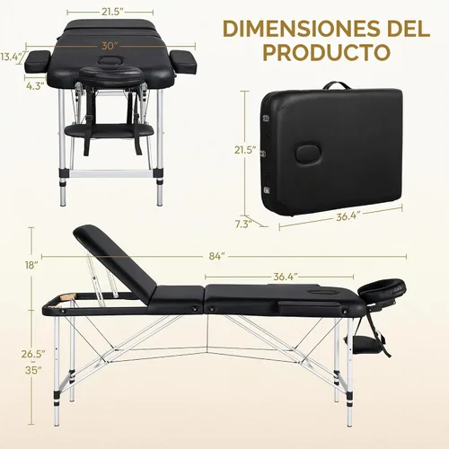 Vista 3 de Yaheetech Mesa de masaje plegable portátil Cama de tatuaje ajustable para Negro