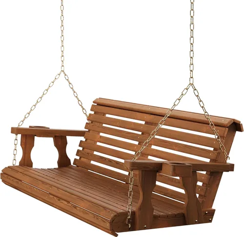 Vista 12 de Columpio Amish resistente para terraza (800 lb) con cadenas para colgar y posavasos Tinte negro semisólido