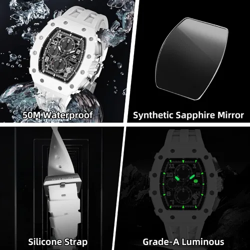 Vista 6 de Tsar Bomba Men's Automatic Watch Tonneau Luxury Skeleton Watch for Men Mechanical 50M Waterproof Wristwatch Gift for Men 08tc-whi