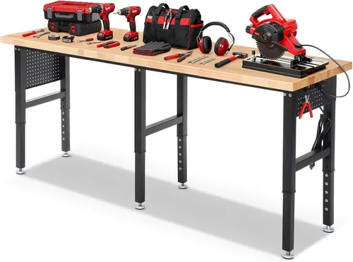Vista 8 de ENJOYWOOD Mesa de trabajo para garaje de 60 pulgadas Banco de trabajo con almacenamiento Altura ajustable Tablero de madera de goma Banco de trabajo