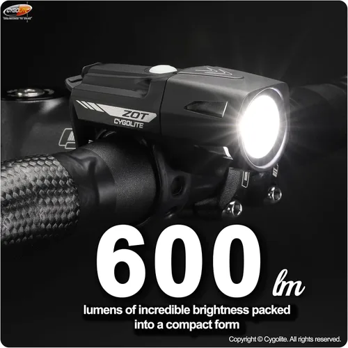 Vista 2 de Cygolite Zot - Luz de bicicleta de 600 lúmenes - 8 modos de luz - Uso de día y noche - Compacta, duradera, IP67 resistente al agua - Montaje duro