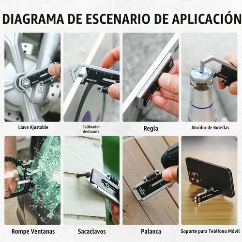 Vista 4 de Llavero pequeño multiherramienta con llave ajustable de bolsillo 9 en 1 para tornillos con mini palanca extractor de clavos herramienta calibrador