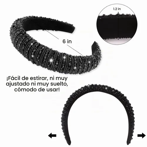 Vista 3 de Wecoe Diadema negra para mujer, diadema de diamantes de imitación de moda, diadema acolchada, diadema de diamantes brillantes con cuentas