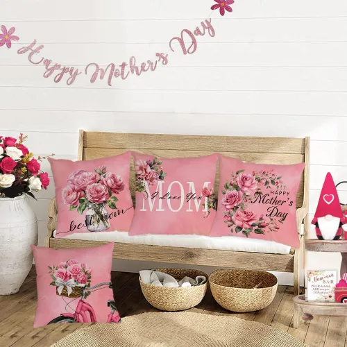Vista 7 de Juego de 4 fundas de almohada para el Día de la Madre de 26 x 26 pulgadas, fundas de almohada de terciopelo para mamá, fundas de cojín florales