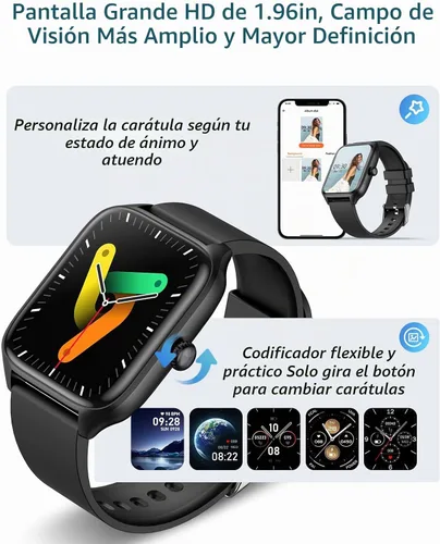 Vista 3 de Relojes inteligentes para hombres y mujeres con llamada Bluetooth, rastreador de actividad física de 1.96 pulgadas, pantalla táctil completa HD