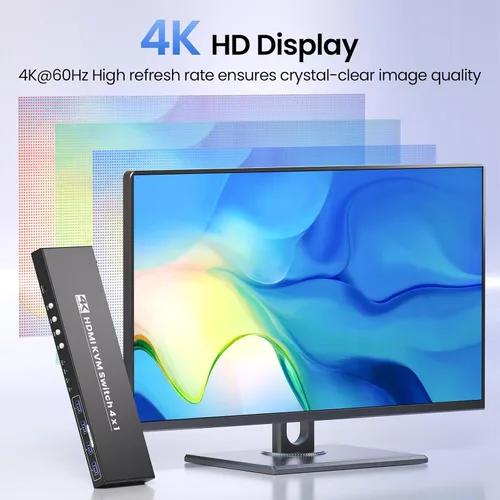 Vista 5 de Conmutador KVM HDMI 4K a 60Hz 1 Monitores 4 Computadoras, USB 3.0 4 Puertos HDMI KVM Switch para 4 Computadoras Compartir 1 Juego de Teclado, Ratón