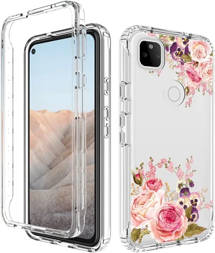 Vista 6 de Funda para Google Pixel 5A 5G con protector de pantalla de vidrio templado, cuerpo completo, lindo diseño floral, a prueba de golpes, funda