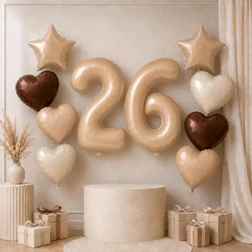 Vista 59 de Decoración de Globos Número 10 de 40 Pulgadas, Globos de Corazón Neutro de Papel de Aluminio Crema Retro Albaricoque Marrón con Globo de Helio