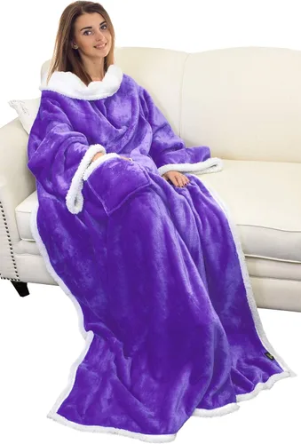 Vista 29 de Catalonia - Manta de forro polar tipo sherpa con mangas, súper suave, cálida y cómoda, de gran tamaño, de forro polar y microplush, con mangas