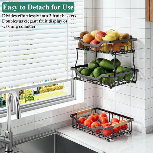 Vista 5 de OKZEST Cesta de frutas de 3 niveles para encimera de cocina, frutero colgante de pared y organizador de encimera de cocina con 2 ganchos de plátano