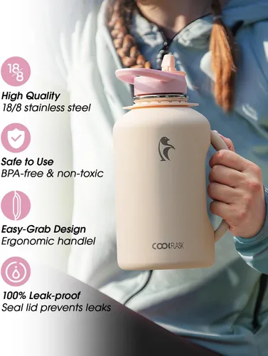 Vista 5 de Coolflask - Botella de agua aislada de 64 onzas, jarra de agua de medio galón con asa, popote de acero inoxidable, doble pared, de metal al vacío