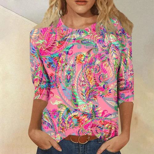 Vista 76 de Camisetas personalizadas para mujer, a la moda, casual, de séptima manga, estampada, cuello redondo, camiseta