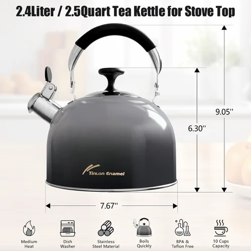 Vista 7 de Tinlon - Tetera esmaltada de 2.5 cuartos de galón para estufa, color negro Hervidor de cocina de acero inoxidable con mango plegable para agua