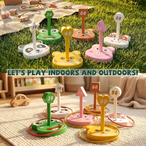 Vista 5 de Juego de juguetes de lanzamiento de anillos de animales para niños, 6 soportes y 36 anillos, para interiores y exteriores, fiesta, patio, actividad