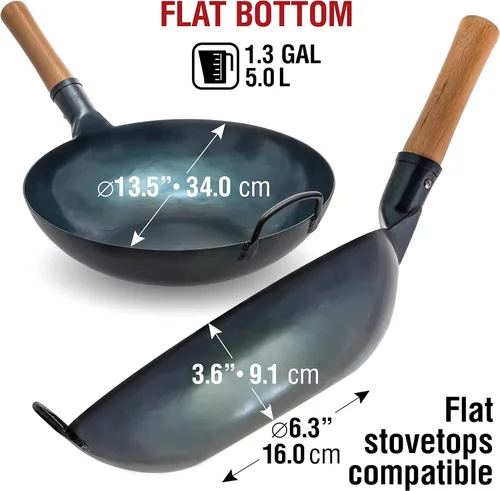 Vista 3 de YOSUKATA Wok Pan de fondo plano - Wok de acero al carbono azul de 13.5 pulgadas + tapa de wok de 12.8 pulgadas + palillos de cocina largos de madera